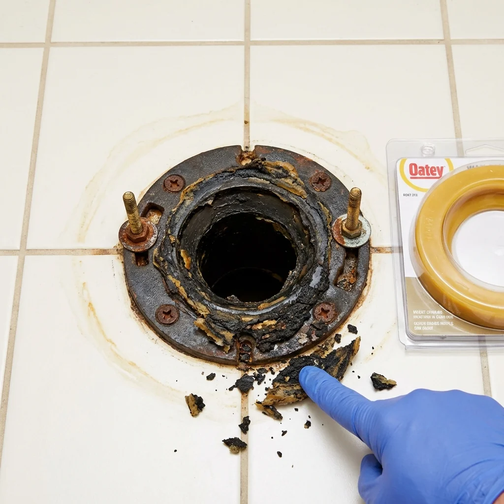 Failed wax ring showing water seepage at the base of a toilet in a Franklin, IN home