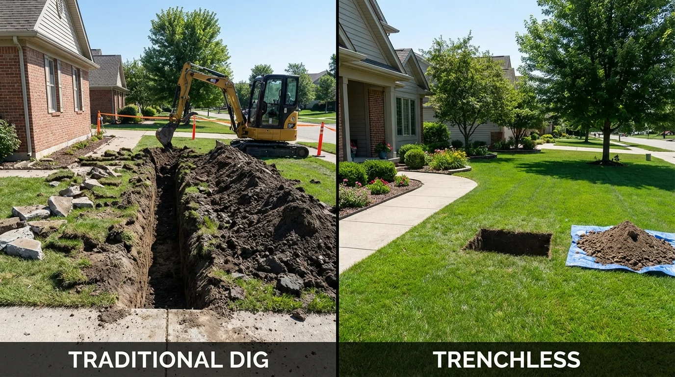 Trenchless sewer repair with minimal yard damage versus traditional excavation in Franklin, IN