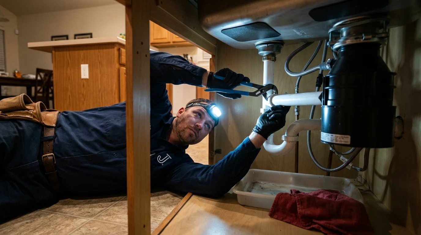 P-trap and supply line connections under a kitchen sink showing a common leak point in Franklin, IN